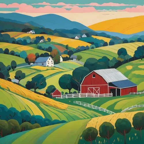 farm landscape,vermont,rural landscape,red barn,shenandoah valley,farm background,farmland,carol colman,pennsylvania,david bates,farmstead,barns,hayfield,farm,home landscape,fall landscape,farms,west virginia,hay farm,rolling hills,Illustration,Japanese style,Japanese Style 16