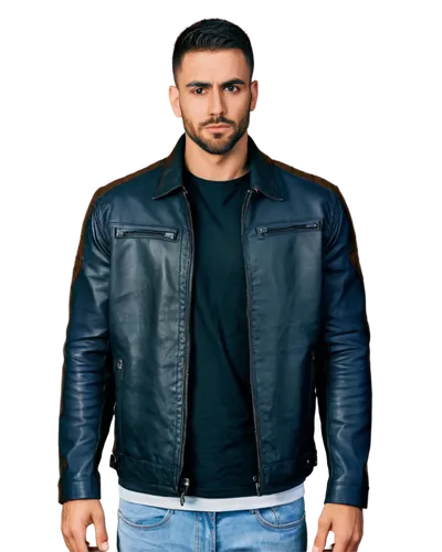 Muscular man, rugged facial features, strong jawline, piercing brown eyes, messy short hair, bold eyebrows, thick beard, broad chest, six-pack abs, low-rise jeans, black leather jacket, confident pose