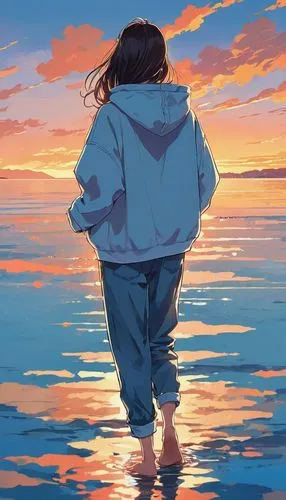 ocean,serene,by the sea,hausser,summer evening,hoodie,Illustration,Japanese style,Japanese Style 06