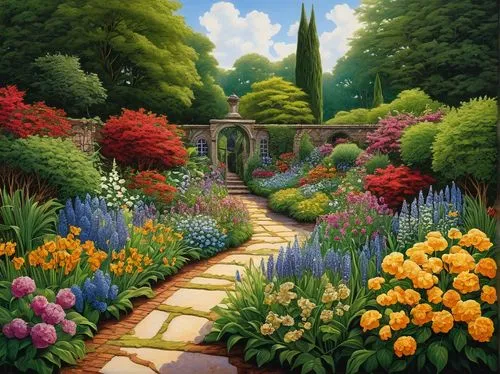 flower garden,splendor of flowers,landscape background,flower border,gardens,nature garden,Illustration,American Style,American Style 02