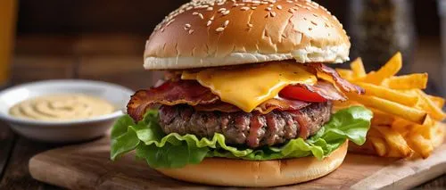 Juicy beef patty, crispy bacon strips, melted cheddar cheese, fresh lettuce leaves, ripe tomato slices, creamy mayonnaise, toasted brioche bun, sesame seeds on top, gourmet burger, close-up shot, shal