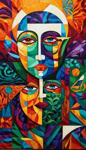 african art,woman thinking,oil painting on canvas,woman's face,psychedelic art,multicolor faces,african woman,pachamama,woman face,african masks,oil on canvas,boho art,art painting,abstract painting,i