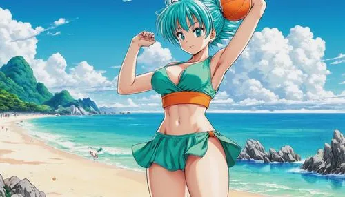 illustration, one beauty pin up girl bulma dragon ball huge chest, mini bikini outfit beach, full stand pose, landscape anime background,beach basketball,summer background,beach background,beach sport