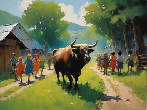 oxen,allgäu brown cattle,cattle crossing,village scene,village life,livestock,mountain cows,watusi cow,aurochs,animal migration,livestock farming,rural landscape,cow herd,alpine cow,church painting,horned cows,buffalo herd,rural,goatherd,ruminants,Conceptual Art,Oil color,Oil Color 02