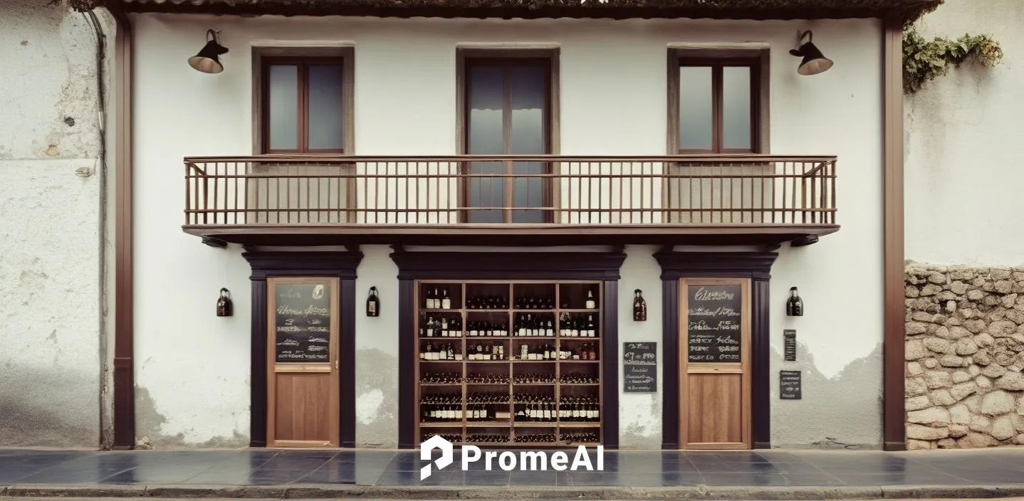 - Winebar embaixo com toldos retrateis listrados azul e branco.

,an entrance of a large building that has bottles in it,house facade,casa fuster hotel,porticos,house front,house entrance,casita,Photo