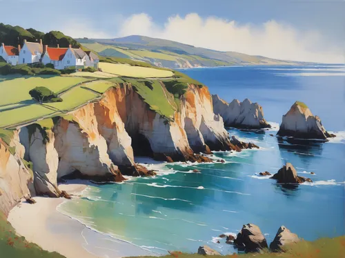 Transport your audience to a peaceful coastal retreat through a beautifully painterly landscape.,coastal landscape,cliff coast,sceleton coast,dorset,cornwall,cliffs of etretat,etretat,beach landscape,