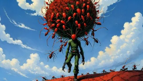 A human plant walking in the sky with red ants,barlowe,corben,flying seeds,evangelion,evangelion unit-02,uncredited,strawberry tree,voladores,kuenzer,treepeople,antz,tomatina,pitahaja,palmiotti,seedpo