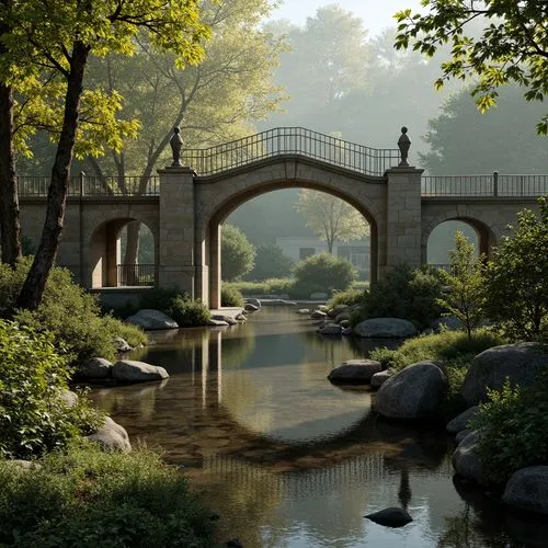 Rustic stone bridges, ornate metal railings, lush greenery, serene water reflections, natural rock formations, gentle streams, peaceful countryside, classicism-inspired architecture, symmetrical compo