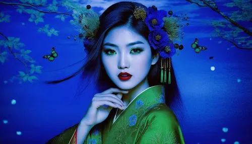 An amazing nude japanese young woman  with red lips and green eyes,the beautiful asian woman with the erfly tattoo is posing for the camera,oriental princess,oriental girl,geishas,oiran,geisha girl,in