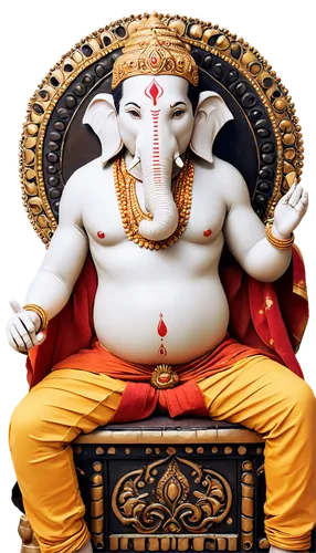 Hindu god, Lord Ganesha, solo, Indian deity, elephant head, four arms, white skin, golden jewelry, red tilaka on forehead, vermilion mark on cheek, yellow and orange dhoti, ornate throne, crossed legs