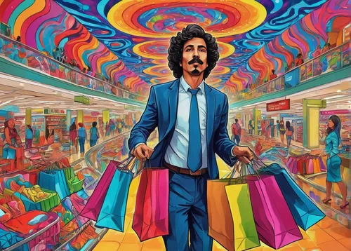 shopping icon,consumerism,shopping icons,shopper,shopkeeper,sales man,shopping bags,retail,the sale,consumer,psychedelic art,merchant,toy store,consumption,shopping bag,shopping venture,hippy market,woman shopping,supermarket,el salvador dali,Illustration,Realistic Fantasy,Realistic Fantasy 39