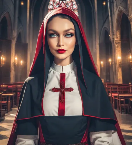 gothic portrait,queen of hearts,catholicism,catholic,seven sorrows,the nun,nun,priest,gothic woman,the prophet mary,benedictine,gothic fashion,blood church,nuns,metropolitan bishop,vestment,carmelite order,church religion,templar,priestess,Photography,Realistic