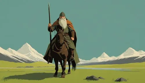 the wanderer,nomad,oryx,lone warrior,mongolian,nomads,scythe,wanderer,digital nomads,plains,man and horses,traveller,genghis khan,wander,mountain guide,norse,horseman,adventurer,steppe,wind warrior,Illustration,Japanese style,Japanese Style 08