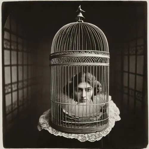 girl with head in a bird cage on head,cage bird,queen cage,bird cage,cage,fool cage,prisoner,birdcage,arbitrary confinement,panopticon,ambrotype,silent screen,captivity,camell isolated,conceptual phot