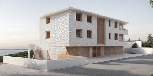 White plaster facade and Spruce wood vertical facade
Forrest in the background
Street in the foreground Tree on the left side next to the playground
High resolution tree in the surrounding 
,a white b