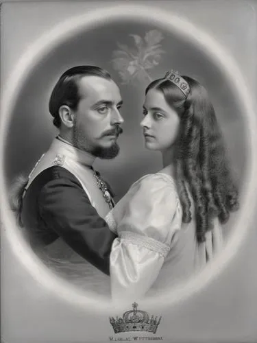 Official black and white photo double portrait of Their Majesties King Charles I and Queen Olga of Württemberg.,a man in historical dress with a woman,casados,the victorian era,habanera,romantic portr