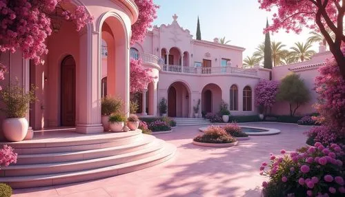 Fuchsia-colored regionalism architecture, vibrant pinkish-purple tone, ornate intricate details, Mediterranean-inspired villa, white stone walls, curved lines, grand entrance, sprawling garden, lush g