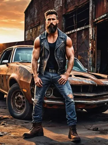 Grungy, muscular man, rugged beard, messy brown hair, intense gaze, worn leather jacket, black tank top, ripped jeans, heavy combat boots, leaning against, old rusty car, abandoned warehouse, industri