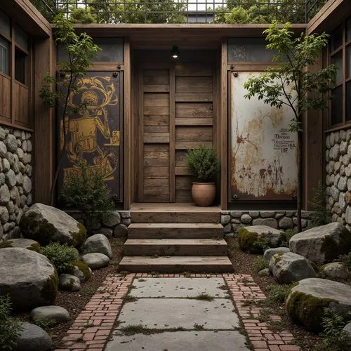 Rustic wooden planks, weathered stone walls, distressed metal sheets, rough-hewn boulders, moss-covered rocks, peeling paint, faded murals, cracked concrete floors, worn brick pathways, vintage signag