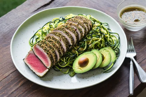 Sesame Crusted Tuna & Avocado with Spicy Sesame Zucchini Noodles,sliced avocado,flank steak,tuna steak,avocado salad,beef waygu steaks,avo,vegan nutrition,rack of lamb,steak grilled,flat iron steak,ra