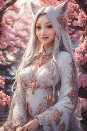 Kyoto Animation stylized anime ~ A Gorgeous flowing white hair, fox ears, stylish, pink eyes, fiery flowers background, beautiful, goddess, fantasy world. Cinematic Lighting, ethereal light, intricate