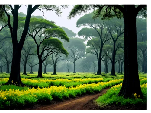 forest landscape,green forest,daffodil field,forest background,forest path,cartoon video game background,landscape background,nature background,tree grove,cartoon forest,forest glade,yellow garden,forest road,elven forest,fairy forest,greenforest,world digital painting,springtime background,nature landscape,forest of dreams,Illustration,Retro,Retro 07