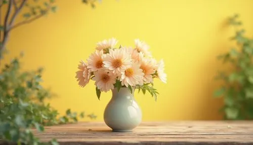 Soft yellow background, gentle sunshine, warm lighting, pastel color palette, beautiful detailed flowers, blooming in vibrant colors, a delicate ceramic vase, placed on a rustic wooden table, surround