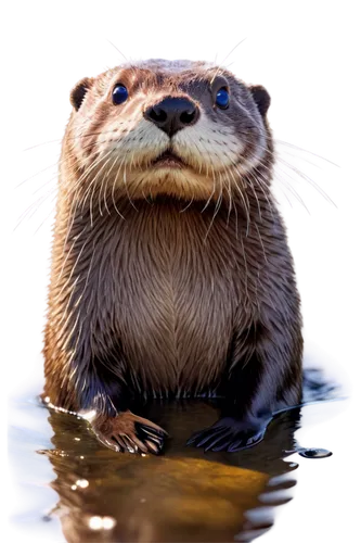 otter, cute expression, shiny fur, brown eyes, whiskers, swimming pose, water droplets on fur, riverbank setting, natural habitat, warm sunlight, soft focus, 3/4 composition, shallow depth of field, v