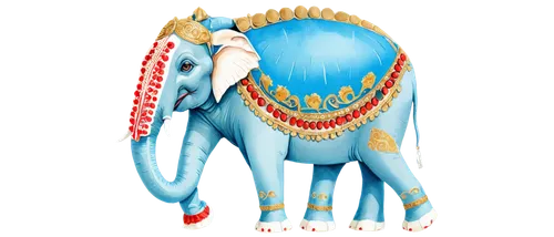 Decorated Indian elephant, golden ornate headpiece, colorful beads necklace, bright blue gemstone forehead mark, intricately painted body, white and red patterns, large ears flapping, tusks shining, s