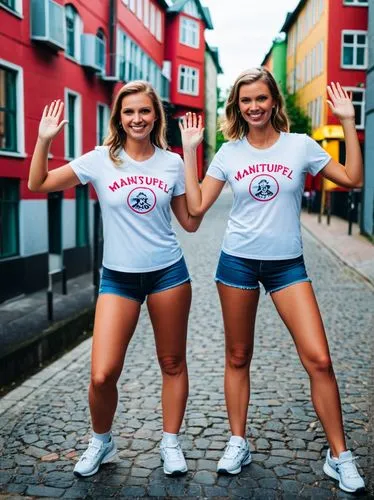 The two Manteuffel sisters.,two beautiful young women dressed in blue shorts are waving,denmark,norwegians,estonians,scandanavia,scandinavians,danmark,Photography,Documentary Photography,Documentary P