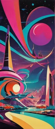 futuristic landscape,futurist,space art,spaceland,sedensky,spaceport,homeworld,futureworld,popmart,homeworlds,cosmos 1999,space ships,extrasolar,polara,abstract retro,cinerama,ringworld,space port,scifi,space voyage,Illustration,Retro,Retro 12