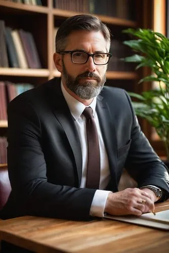 Dean Vermont, mature man, 45yo, formal wear, black suit, white shirt, black tie, glasses, short brown hair, beard, sitting, wooden desk, leather chair, bookshelves, greenery, plants, warm lighting, af