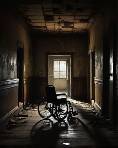 dark atmospheric horror scene, abandoned asylum, dimly lit corridor, old wheelchair, eerie silence, broken wheel, rusty medical equipment, creepy dolls, torn curtains, peeling walls, flickering fluore