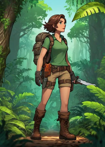 lara,adventurer,game illustration,background ivy,mountain guide,hiker,forest workers,dacia,farmer in the woods,park ranger,kosmea,arborist,biologist,girl with gun,huntress,forest background,cartoon video game background,marie leaf,druid,female warrior,Unique,Design,Character Design