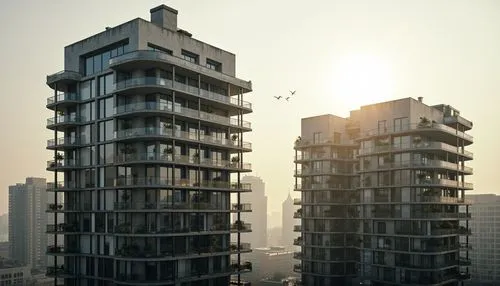 Sleek watching towers, minimalist design, modernist architecture, reinforced concrete structures, cantilevered balconies, floor-to-ceiling windows, sliding glass doors, angular metal frameworks, geome