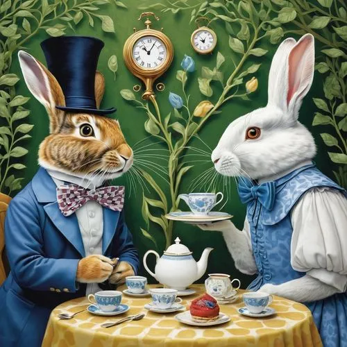 tea time,teatime,tea party,white rabbit,fox and hare,alice in wonderland,Illustration,Realistic Fantasy,Realistic Fantasy 11