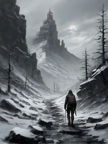 winter landscape,barren,valley of death,the wanderer,desolate,desolation,winter background,post-apocalyptic landscape,snow landscape,the valley of death,wanderer,pilgrimage,hall of the fallen,thermokarst,siberia,northrend,snowy landscape,gray-scale,the cold season,fantasy landscape,Conceptual Art,Fantasy,Fantasy 33