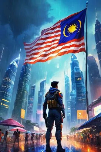 A Malaysia National Day in Kuala Lumpu. Jet fighter show, people holding Malaysia Flag, festival. more festive and color full,a man stands with a malaysia flag in front of a night - time skyline,malay