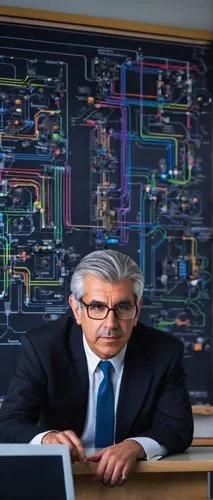 UTD professor, middle-aged man, bespectacled, gray hair, formal wear, white shirt, black tie, dark blue suit, standing, confident posture, lecturing, computer architecture diagram on the blackboard, c