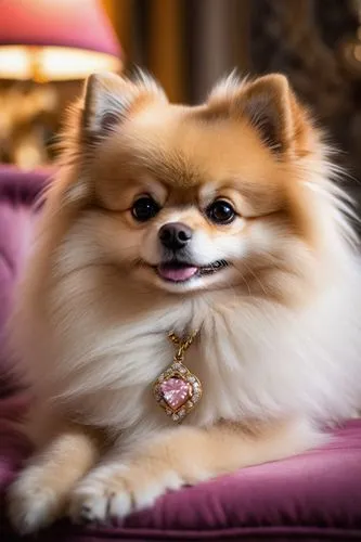 Fancy dog, Pomeranian, solo, (5yo), fluffy white fur, curly tail, cute nose, pink tongue, sparkly collar, diamond necklace, luxurious couch, velvet pillow, ornate gold frame, soft focus, warm lighting