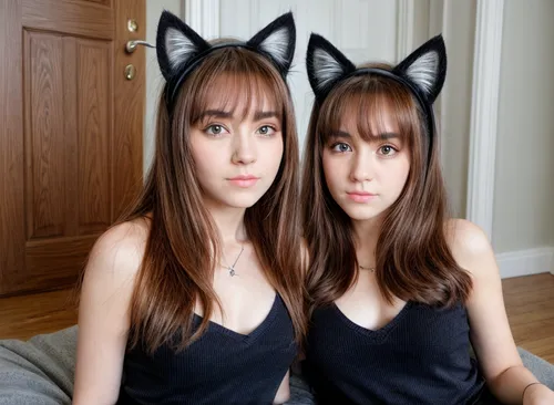 Cat ears, 
,cat ears,two cats,foxes,felines,sisters,two girls,asian semi-longhair,anime 3d,two wolves,feline look,foam crowns,kittens,cats,artificial hair integrations,mom and daughter,raccoons,duo,im