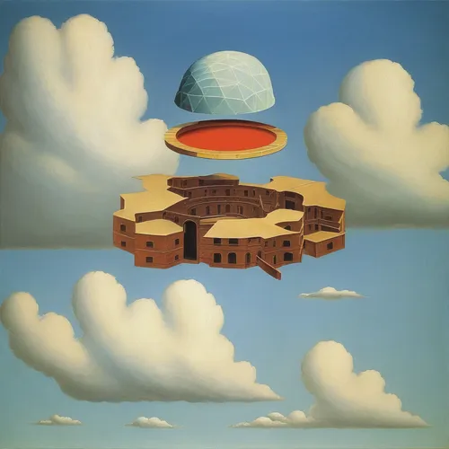 floating island,sky apartment,cloud mushroom,mushroom island,mushroom landscape,airships,floating islands,flying saucer,airship,surrealism,panopticon,cumulus,sky space concept,flying island,dali,surrealistic,skycraper,matruschka,cloud towers,air ship,Art,Artistic Painting,Artistic Painting 06