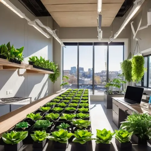 Modern grow room, sleek industrial design, polished concrete floor, rows of hydroponic systems, lush greenery, LED grow lights, metal beams, exposed ductwork, urban chic, architectural details, contra