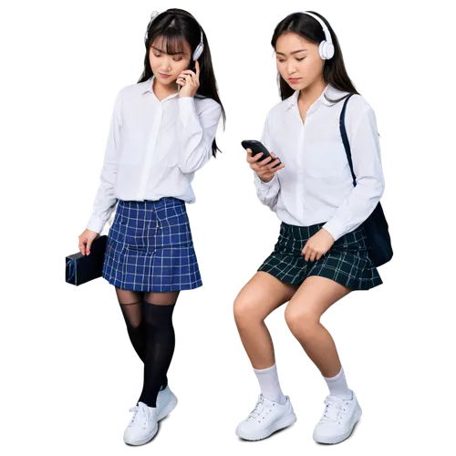 Young Japanese girl, headphones, casual wear, white shirt, plaid skirt, black stockings, sneakers, holding smartphone, downloading music, relaxed posture, soft facial expression, warm lighting, shallo