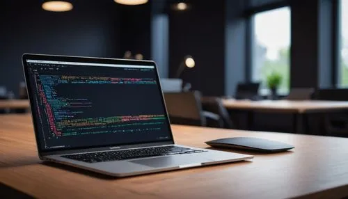 Modern .NET Core clean architecture example, minimalist coding style, simple and elegant lines of code, coding font Consolas, dark theme background, subtle gradient effect, coding laptop MacBook Air, 