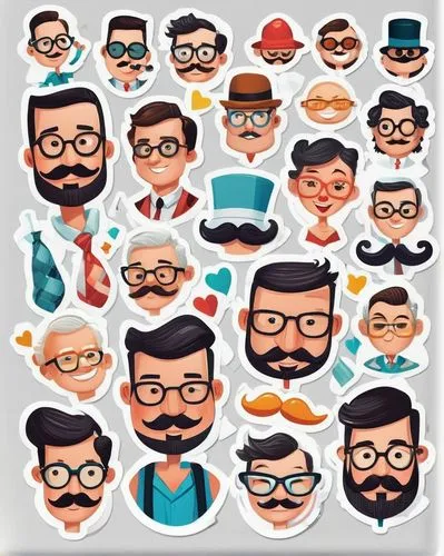 A delightful collection of 22 playful, childlike illustrations featuring diverse father faces. The expressions range from serious to smiling, with some characters wearing glasses, hats, mustaches, and