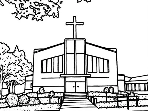 transforme esta fotografia em um desenho estilo sketch,a coloring book page with a church and trees,coloring page,coloring pages,schoenstatt,gereja,christ chapel,congregational,archdiocese,church fait