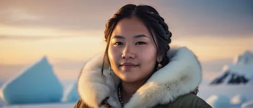 Fat, Ahoska Tano, Inuit girl, traditional clothing, fur-lined parka, beaded necklace, braided hair, warm smile, sitting on iceberg, Arctic landscape, snowflakes gently falling, misty atmosphere, golde