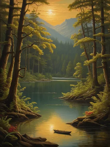 forest landscape,landscape background,river landscape,nature landscape,forest background,coniferous forest,temperate coniferous forest,natural landscape,landscape nature,mountain landscape,spruce forest,evening lake,mountain scene,mountainlake,mountain lake,world digital painting,oil painting on canvas,high mountain lake,background view nature,mountain river,Illustration,Realistic Fantasy,Realistic Fantasy 22