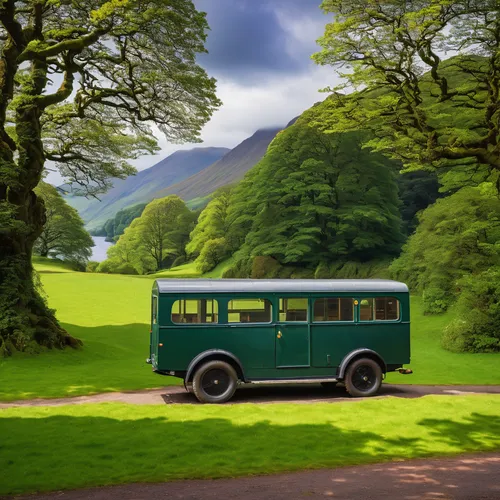 kylemore abbey,ireland,green train,bus from 1903,man first bus 1916,ford model b,campervan,camper van isolated,trolley bus,green landscape,caravanning,northern ireland,steam railway,wicklow,lake district,first bus 1916,volkswagenbus,morris minor,vwbus,recreational vehicle,Art,Classical Oil Painting,Classical Oil Painting 14